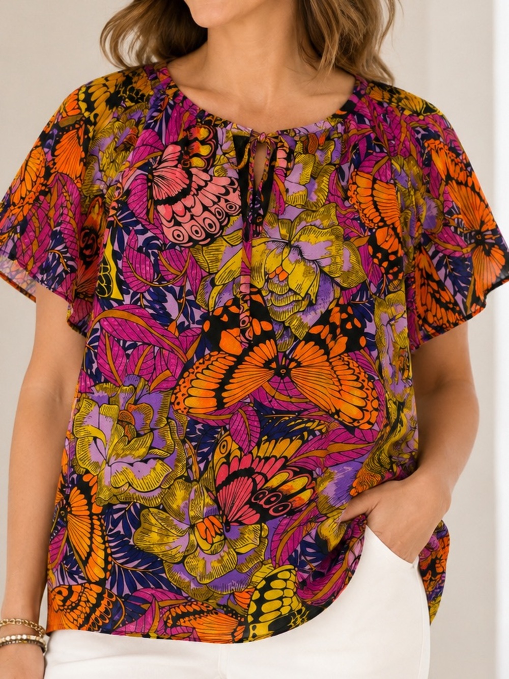 Philosophy Butterfly Floral Print Flutter Sleeve Blouse Medium
